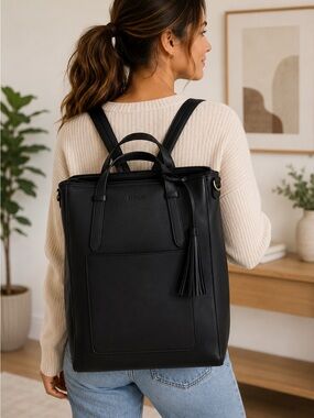 ECOSUSI Black Leather Convertible Backpack Tote